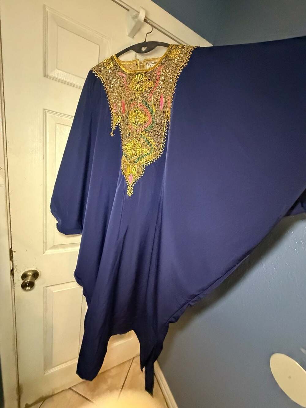 Aicha Broderie Abidjan African Boubou Kaftan Navy Gold Embroidered Maxi Dress - Picture 5 of 11